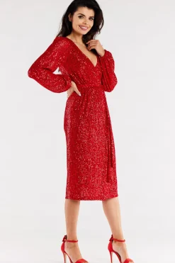 Elegancka sukienka cekinowa midi - czerwona