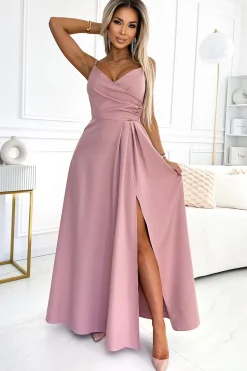 Elegancka sukienka maxi na ramiączkach - brudno-różowa