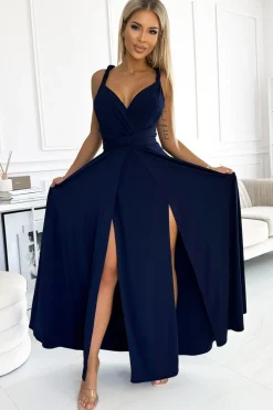 Elegancka sukienka maxi na ramiączkach - granatowa