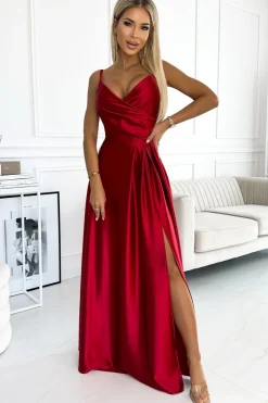 Elegancka sukienka maxi na ramiączkach - czerwona satynowa