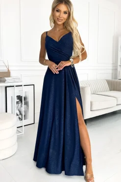 Elegancka sukienka maxi na ramiączkach - granatowa z brokatem