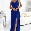 Elegancka sukienka maxi na ramiączkach - chabrowa z brokatem