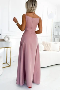 Elegancka sukienka maxi na ramiączkach - brudno-różowa