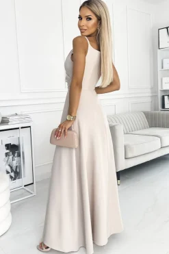 Elegancka sukienka maxi na ramiączkach - beżowa