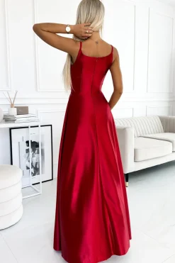 Elegancka sukienka maxi na ramiączkach - czerwona satynowa