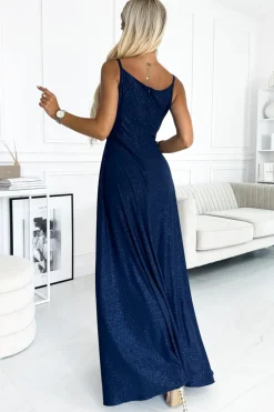 Elegancka sukienka maxi na ramiączkach - granatowa z brokatem