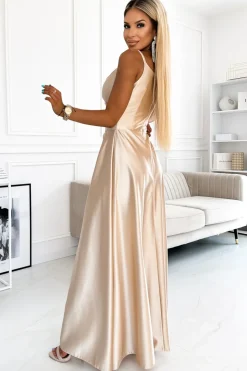 Elegancka sukienka maxi na ramiączkach - złota