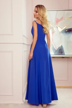 Elegancka sukienka maxi na ramiączkach - chabrowa