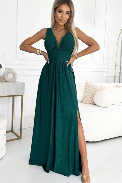 Elegancka sukienka maxi z dekoltem - butelkowa zieleń