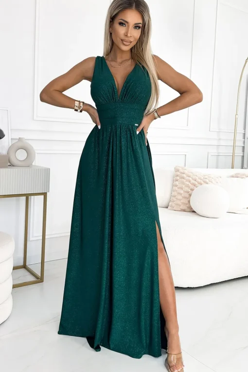 Elegancka sukienka maxi z dekoltem - butelkowa zieleń