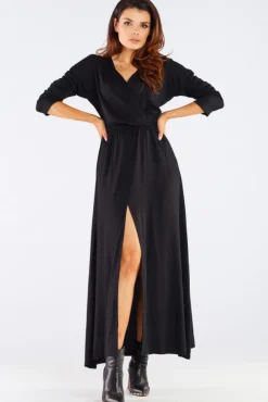 Elegancka sukienka maxi z rozcięciem - czarna