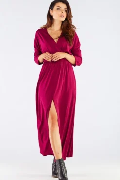 Elegancka sukienka maxi z rozcięciem - bordowa