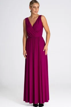 Elegancka sukienka maxi z dekoltem V - fuksja