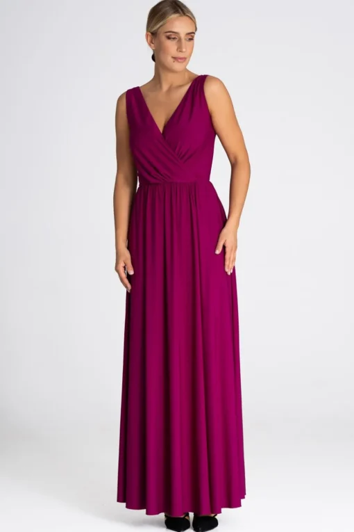 Elegancka sukienka maxi z dekoltem V - fuksja