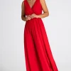 Elegancka sukienka maxi z dekoltem V - czerwona