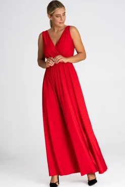 Elegancka sukienka maxi z dekoltem V - czerwona