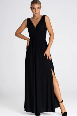 Elegancka sukienka maxi z dekoltem V - czarna