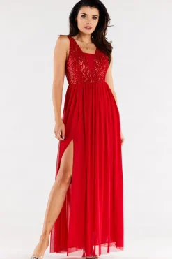 Elegancka sukienka maxi z rozcięciem - czerwona