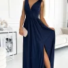 Elegancka sukienka maxi z dekoltem - granatowa