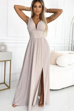 Elegancka sukienka maxi z dekoltem - beżowa