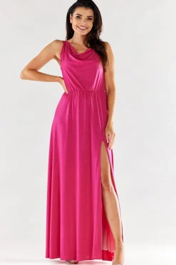 Elegancka sukienka maxi z rozcięciem - fuksja