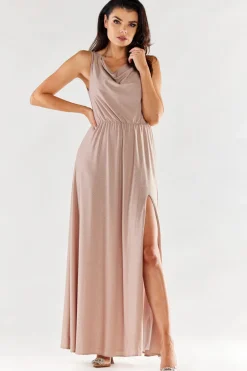 Elegancka sukienka maxi z rozcięciem - beżowa