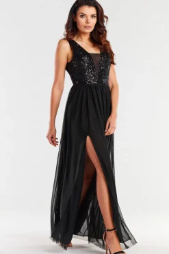 Elegancka sukienka maxi z rozcięciem - czarna