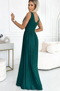 Elegancka sukienka maxi z dekoltem - butelkowa zieleń