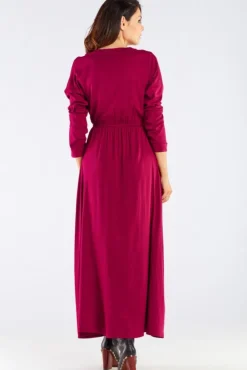 Elegancka sukienka maxi z rozcięciem - bordowa