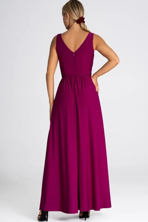 Elegancka sukienka maxi z dekoltem V - fuksja