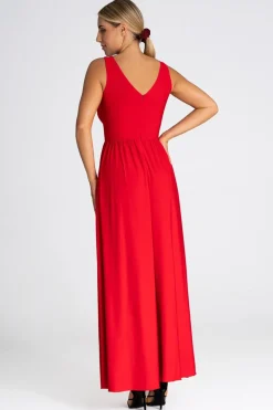 Elegancka sukienka maxi z dekoltem V - czerwona