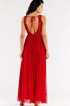 Elegancka sukienka maxi z rozcięciem - czerwona