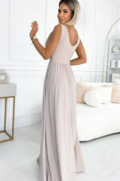 Elegancka sukienka maxi z dekoltem - beżowa