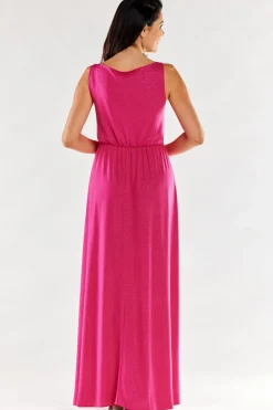Elegancka sukienka maxi z rozcięciem - fuksja