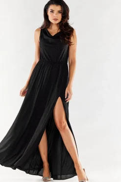 Elegancka sukienka maxi z rozcięciem - czarna