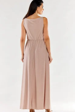 Elegancka sukienka maxi z rozcięciem - beżowa
