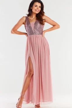 Elegancka sukienka maxi z rozcięciem - różowa