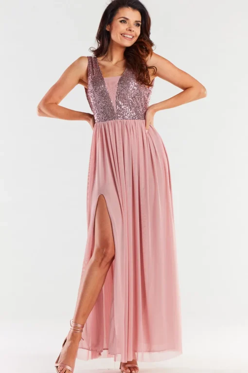 Elegancka sukienka maxi z rozcięciem - różowa