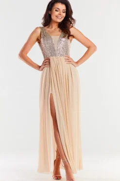 Elegancka sukienka maxi z rozcięciem - beżowa
