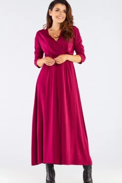Elegancka sukienka maxi z rozcięciem - bordowa