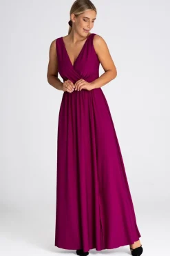 Elegancka sukienka maxi z dekoltem V - fuksja