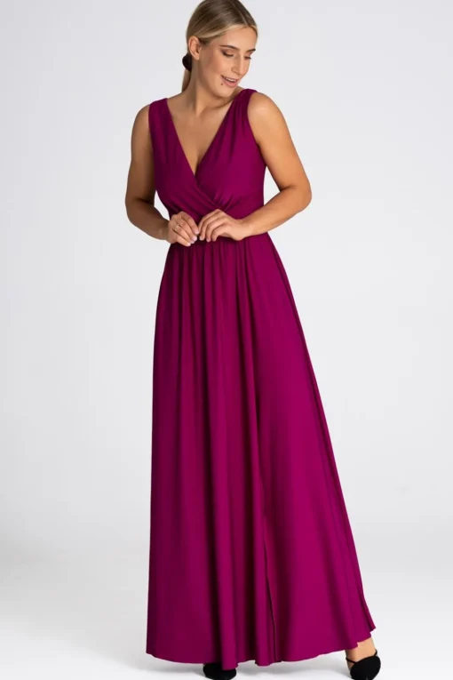 Elegancka sukienka maxi z dekoltem V - fuksja