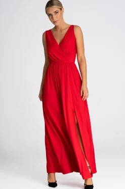 Elegancka sukienka maxi z dekoltem V - czerwona
