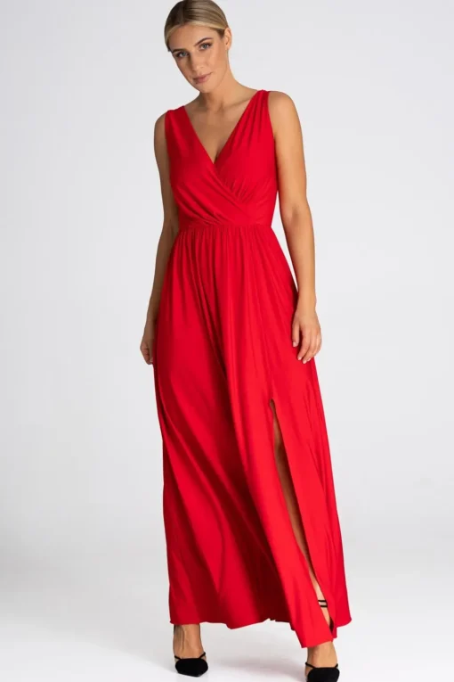 Elegancka sukienka maxi z dekoltem V - czerwona