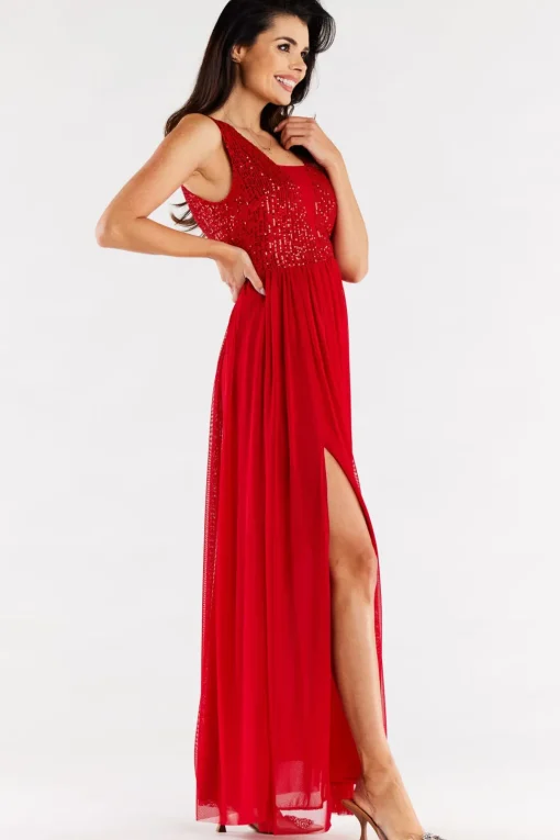 Elegancka sukienka maxi z rozcięciem - czerwona