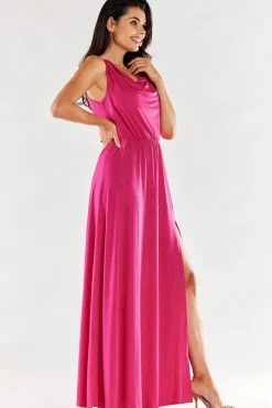 Elegancka sukienka maxi z rozcięciem - fuksja