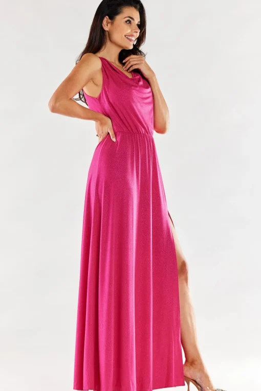 Elegancka sukienka maxi z rozcięciem - fuksja