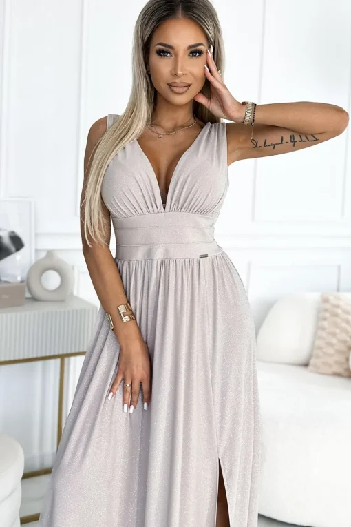 Elegancka sukienka maxi z dekoltem - beżowa