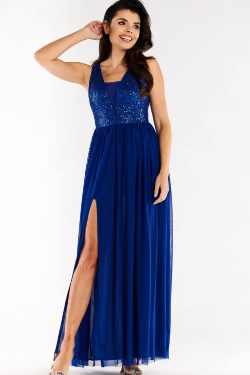 Elegancka sukienka maxi z rozcięciem - niebieska
