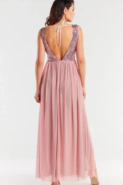 Elegancka sukienka maxi z rozcięciem - różowa